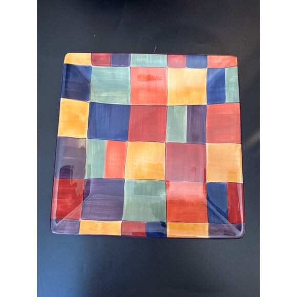 Corsica Hand Painted Large Square Plate Multicolored Check Block design 10"x10" - Picture 5 of 7